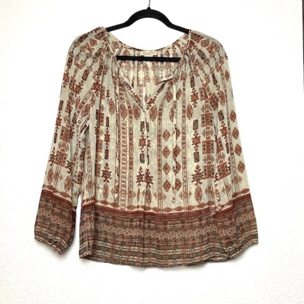 LUCKY BRAND Sheer Brown Aztec Print Peasant Top S